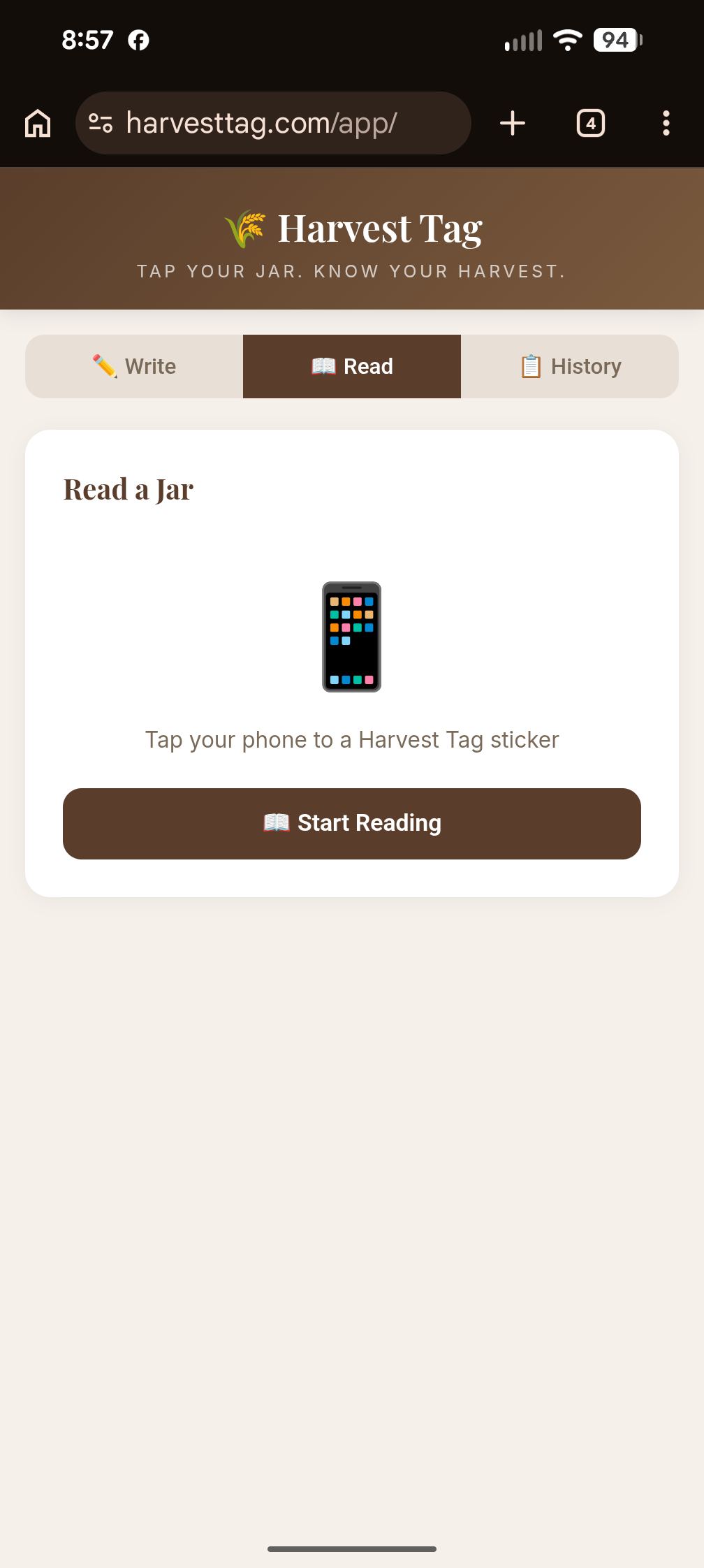 Harvest Tag Read tab