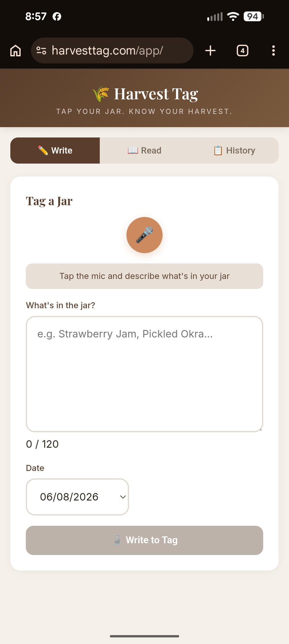 Harvest Tag Write tab